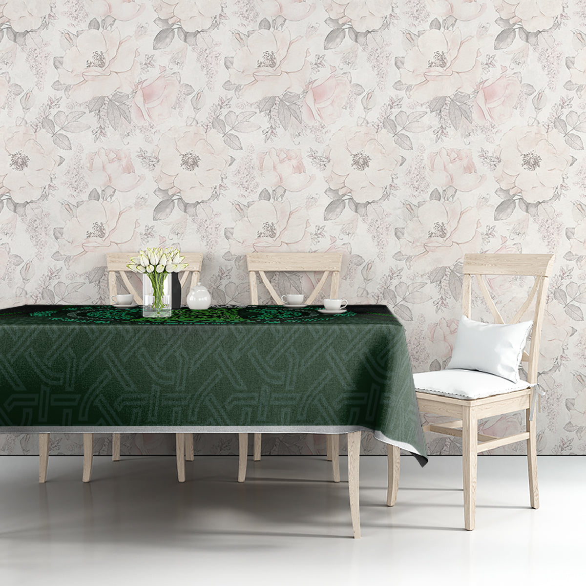 Green tablecloth with Celtic circle and beer cup pattern on dining table with chairs