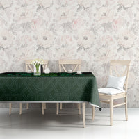 Green tablecloth with Celtic circle and beer cup pattern on dining table with chairs