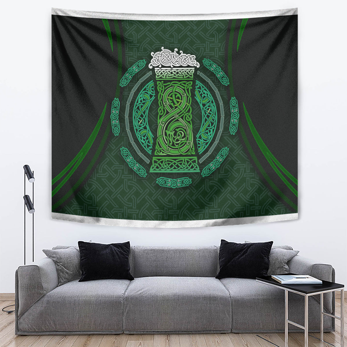 Black tapestry with neon-green Celtic circle and knotwork design