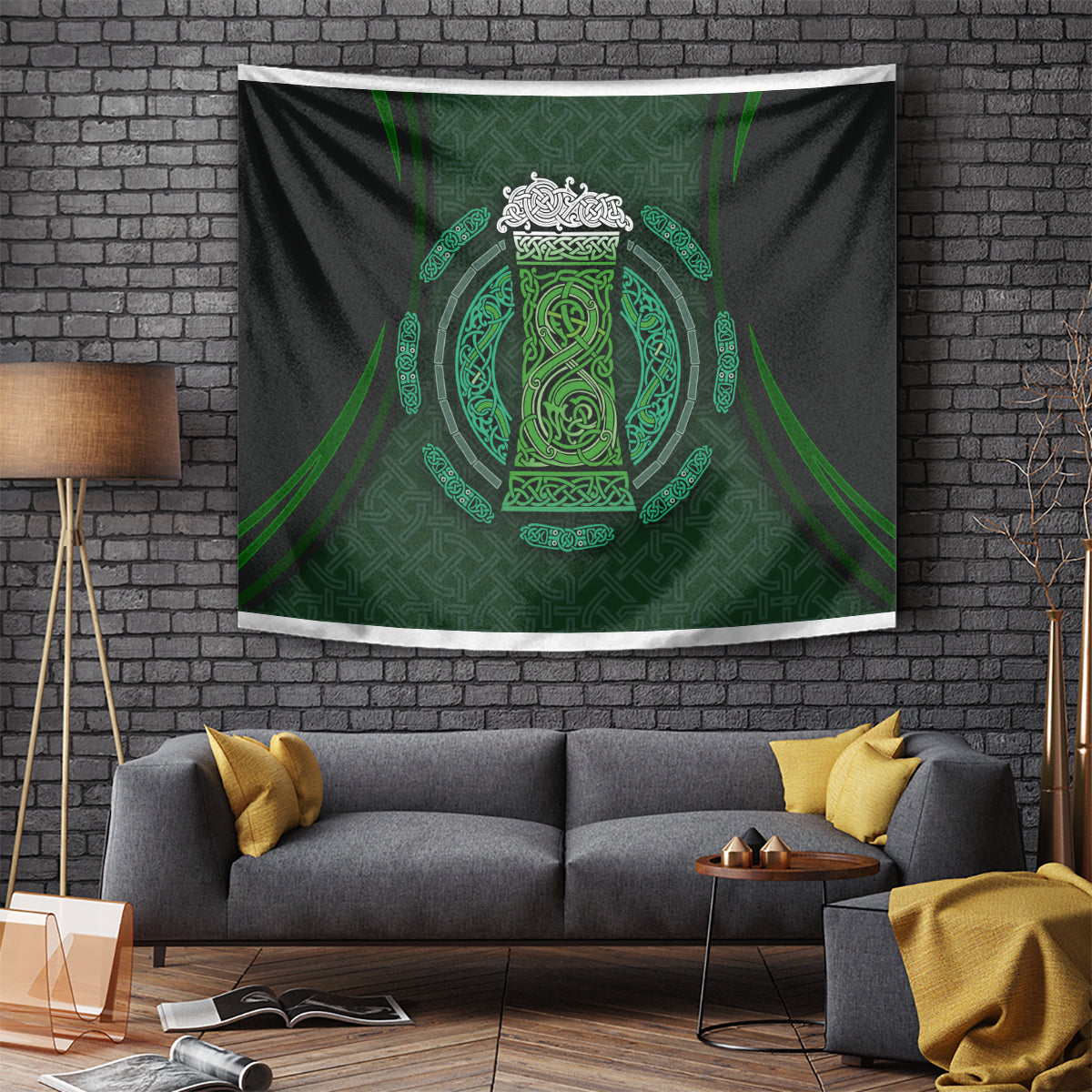 Black tapestry with neon-green Celtic emblem inside circular knotwork