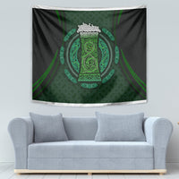 Black tapestry with neon-green Celtic circle motif and ornate frame