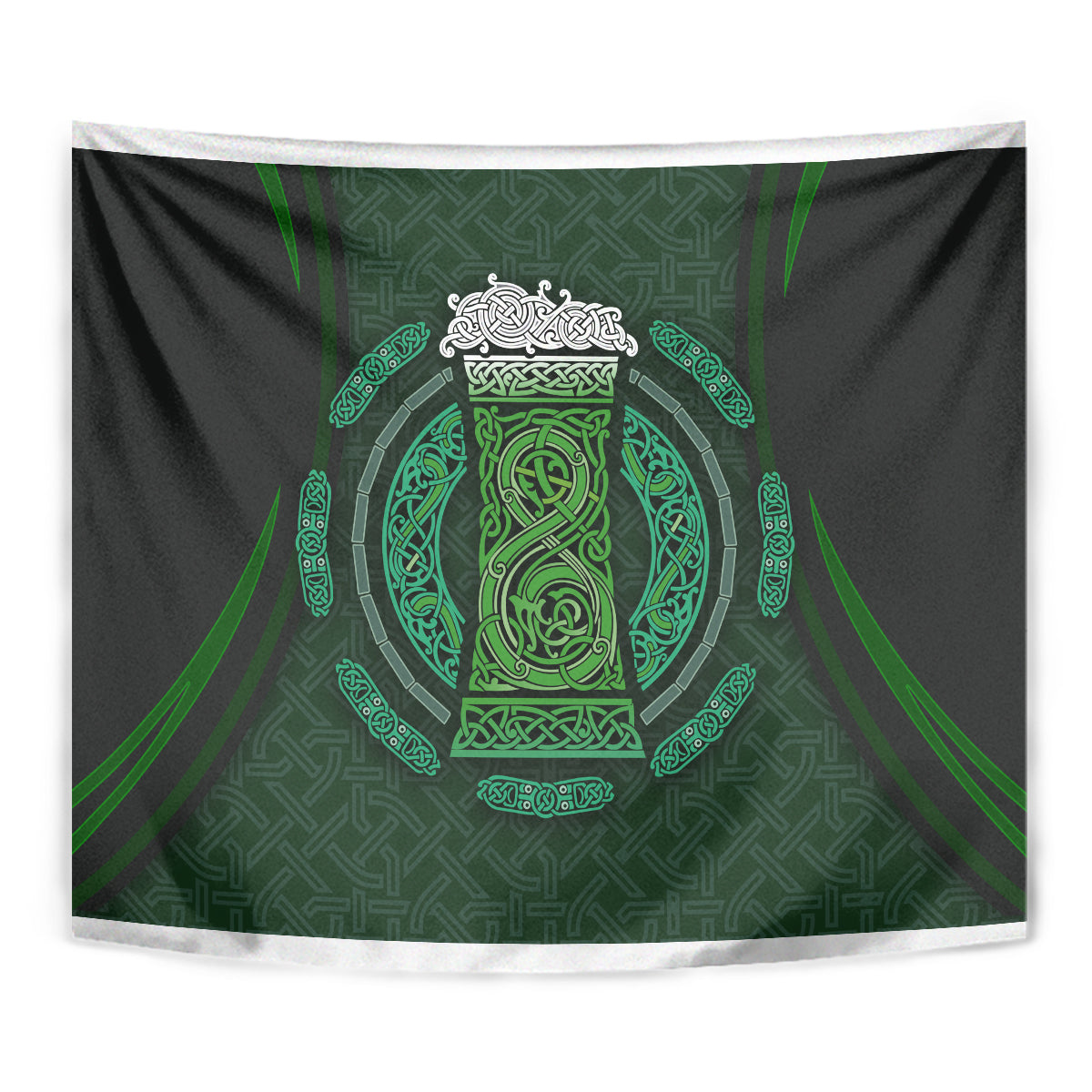 Black tapestry close-up with neon-green Celtic circle knotwork emblem