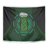 Black tapestry close-up with neon-green Celtic circle knotwork emblem