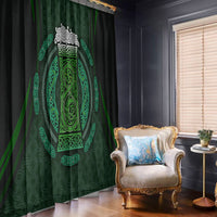 Green window curtain panel with Celtic circle beer cup motif in neon green on dark fabric