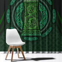 Green window curtain close-up with Celtic circle and beer cup pattern in neon green