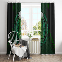 Green window curtains with Celtic circle beer cup motif, draped panels on both sides