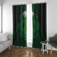 Green window curtains with Celtic circle beer cup pattern and dark fabric side panels