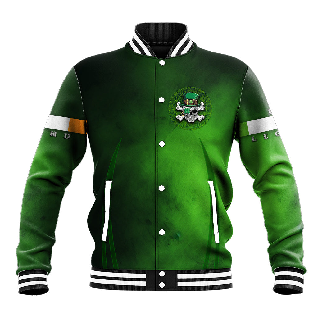 Irish Pride green baseball jacket, button front, small chest emblem, striped rib cuffs