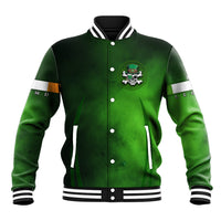 Irish Pride green baseball jacket, button front, small chest emblem, striped rib cuffs