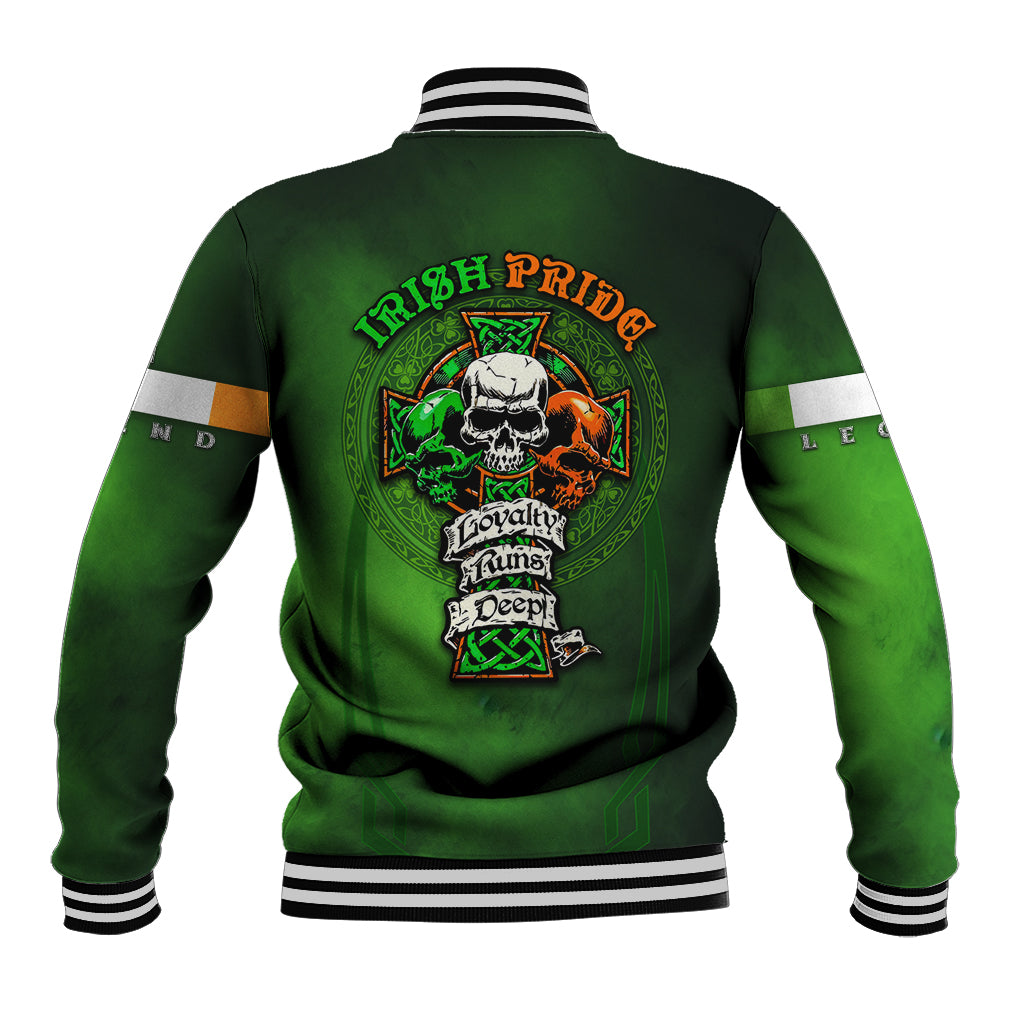 Irish Pride green baseball jacket with striped rib trim and large skull cross back graphic