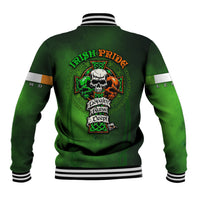 Irish Pride green baseball jacket with striped rib trim and large skull cross back graphic