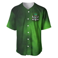Green baseball jersey with button front, short sleeves, chest skull cross emblem graphic.