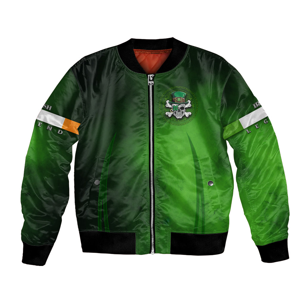 Green bomber jacket with front zipper and small skull emblem
