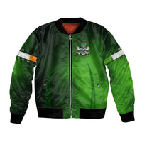 Green bomber jacket with front zipper and small skull emblem
