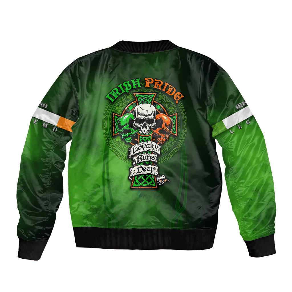 Green bomber jacket with ribbed cuffs and back skull-and-cross graphic