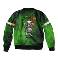 Green bomber jacket with ribbed cuffs and back skull-and-cross graphic