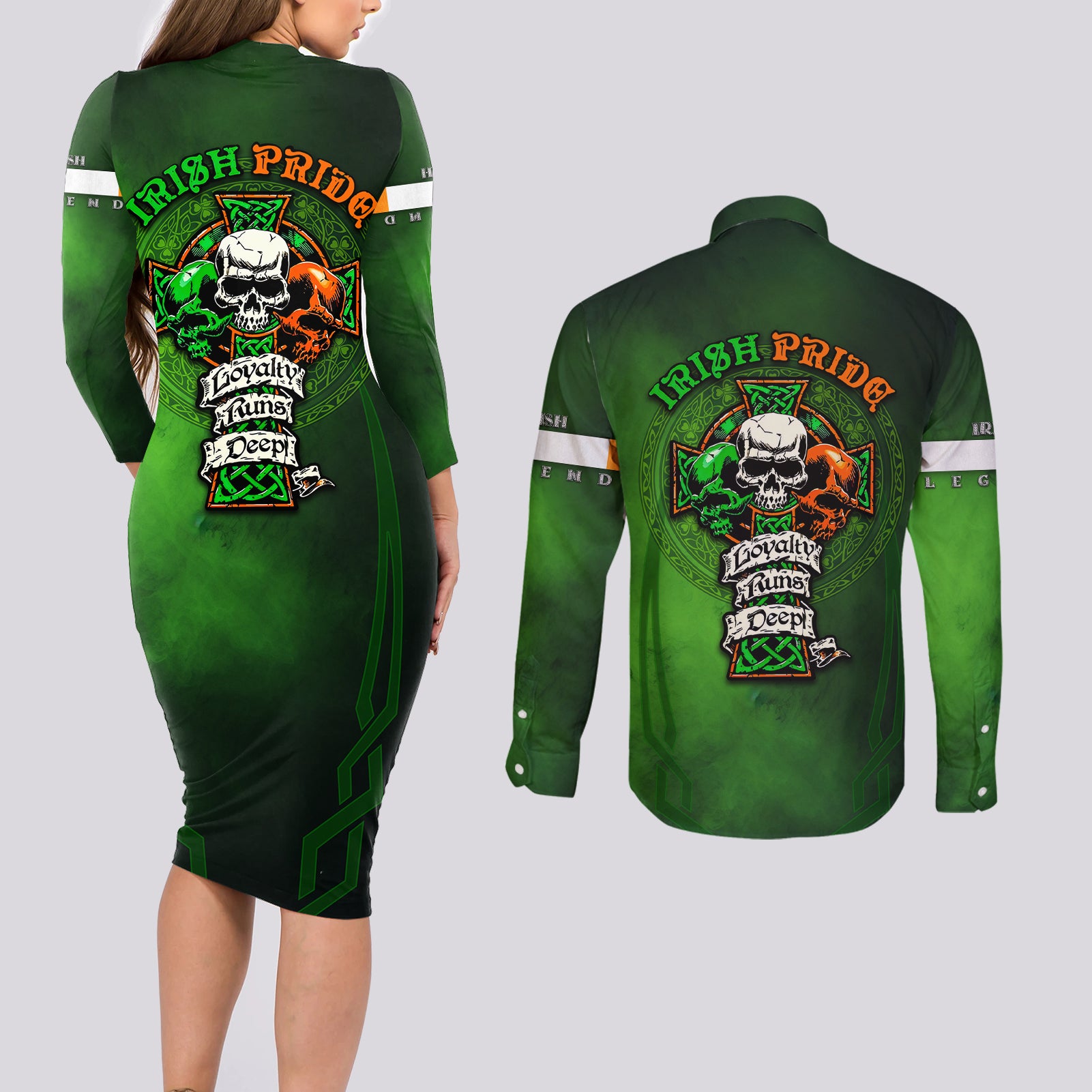 Irish Pride - Skull Cross Mix Couples Matching Long Sleeve Bodycon Dress and Long Sleeve Button Shirt - Wonder Print Shop