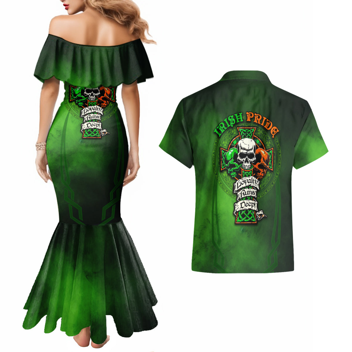 Irish Pride - Skull Cross Mix Couples Matching Mermaid Dress and Hawaiian Shirt - Wonder Print Shop