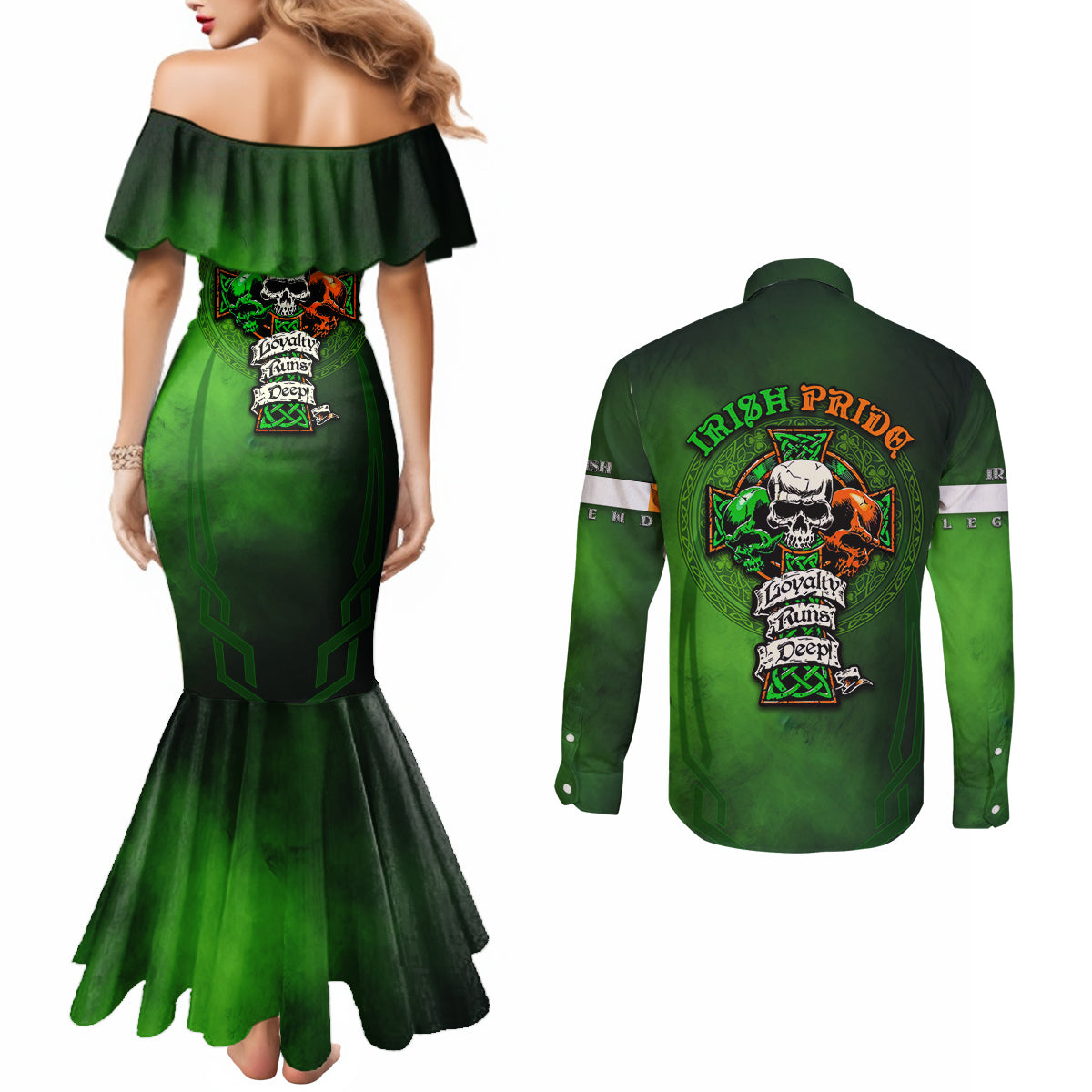 Irish Pride - Skull Cross Mix Couples Matching Mermaid Dress and Long Sleeve Button Shirt