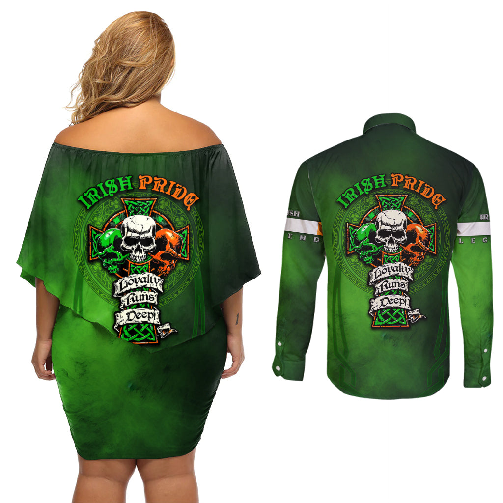 Irish Pride - Skull Cross Mix Couples Matching Off Shoulder Short Dress and Long Sleeve Button Shirt - Wonder Print Shop