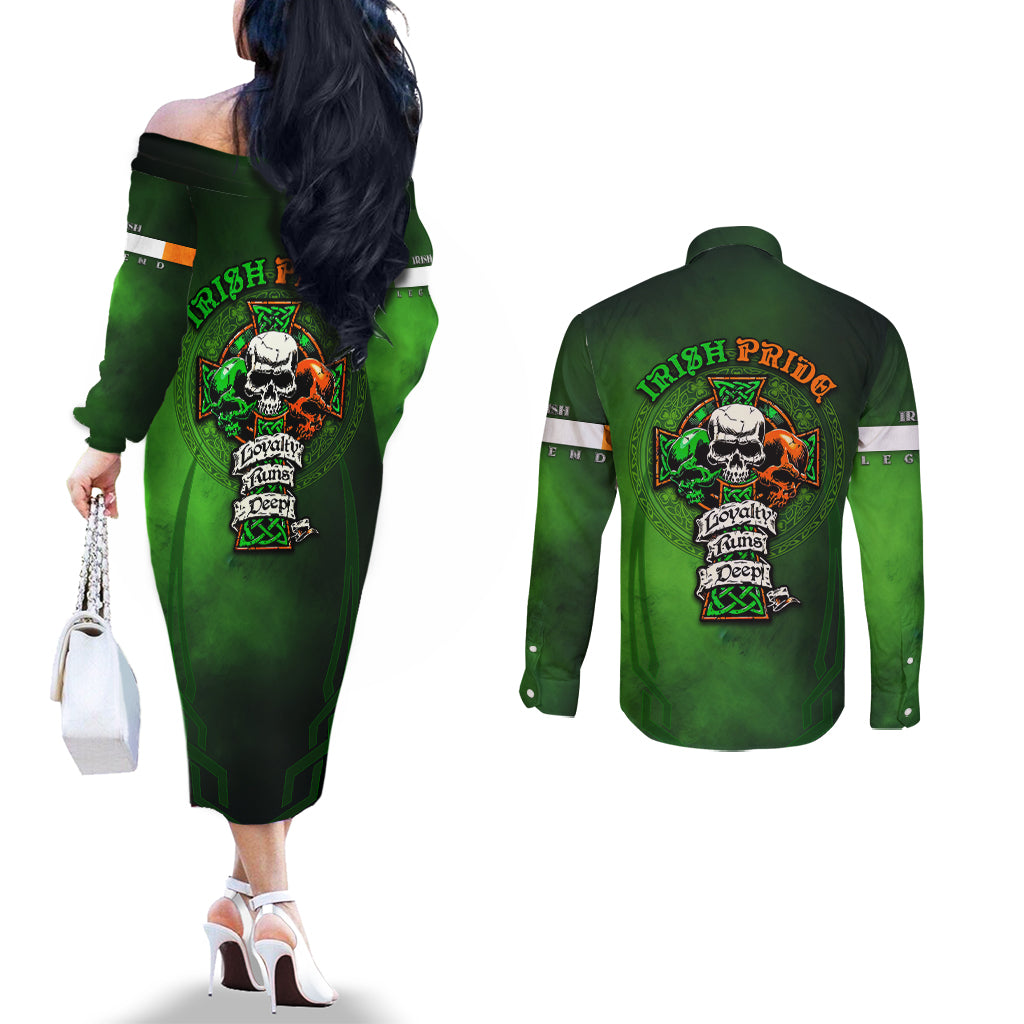 Irish Pride - Skull Cross Mix Couples Matching Off The Shoulder Long Sleeve Dress and Long Sleeve Button Shirt