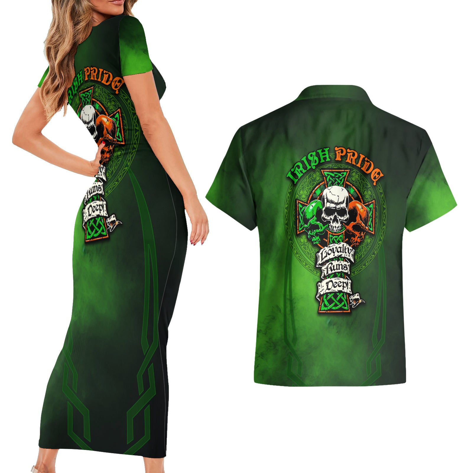 Irish Pride - Skull Cross Mix Couples Matching Short Sleeve Bodycon Dress and Hawaiian Shirt - Wonder Print Shop