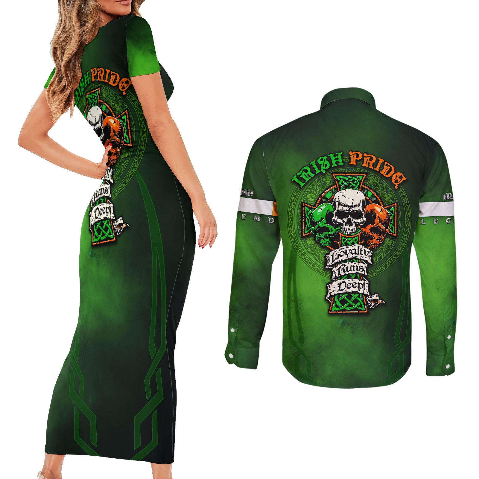 Irish Pride - Skull Cross Mix Couples Matching Short Sleeve Bodycon Dress and Long Sleeve Button Shirt - Wonder Print Shop