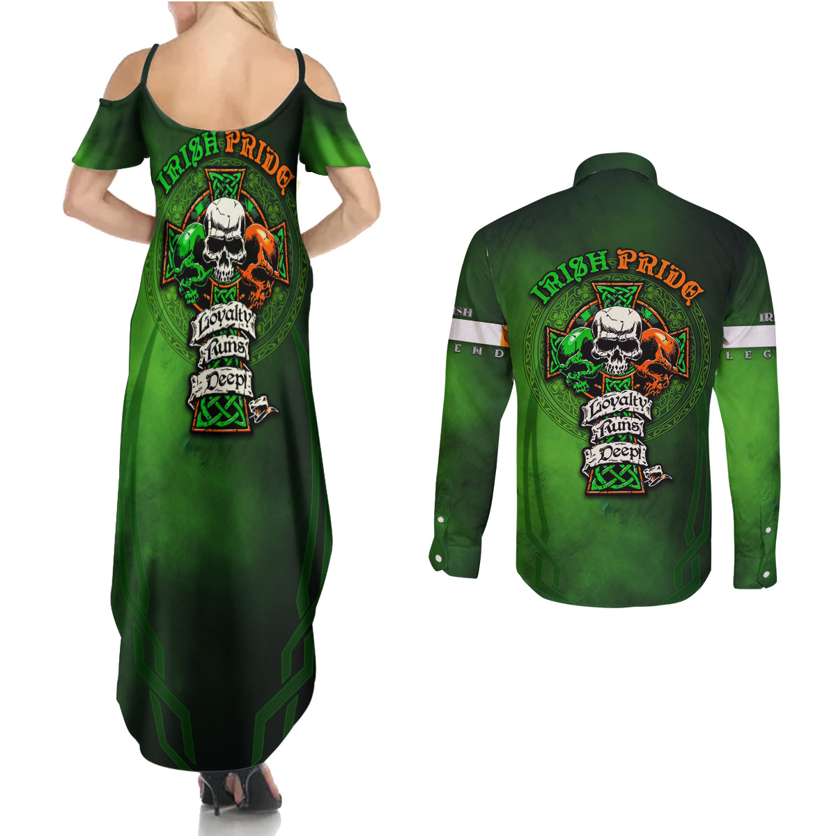 Irish Pride - Skull Cross Mix Couples Matching Summer Maxi Dress and Long Sleeve Button Shirt - Wonder Print Shop