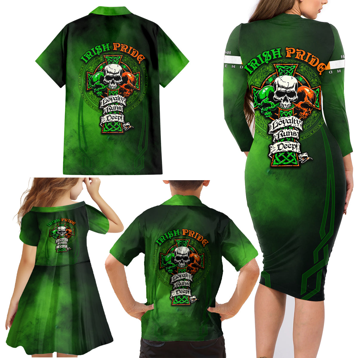 Irish Pride - Skull Cross Mix Family Matching Long Sleeve Bodycon Dress and Hawaiian Shirt - Wonder Print Shop