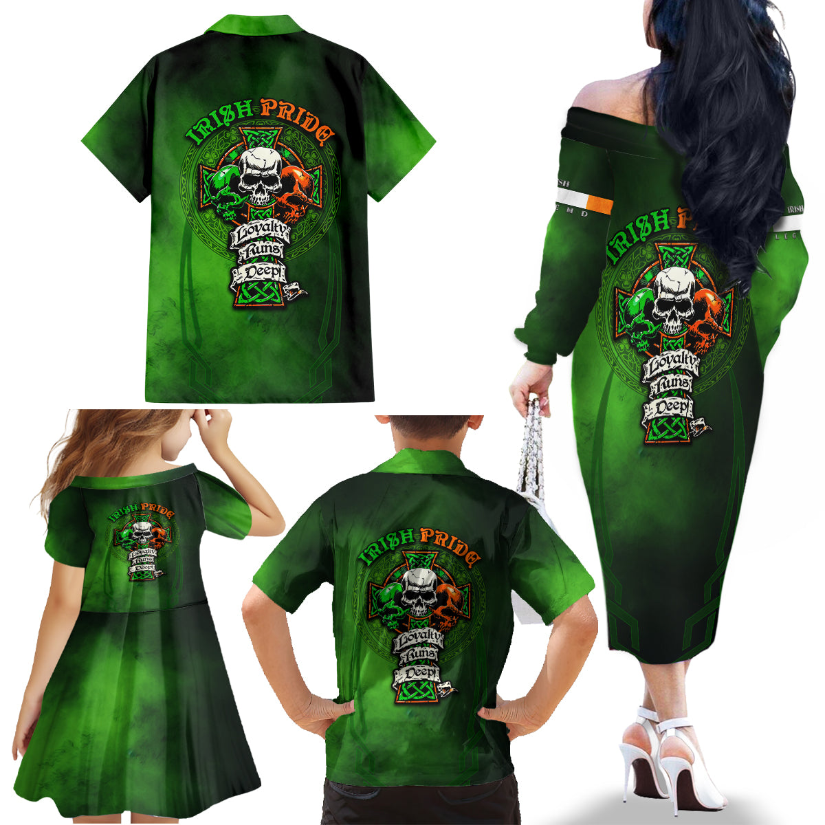 Irish Pride - Skull Cross Mix Family Matching Off Shoulder Long Sleeve Dress and Hawaiian Shirt - Wonder Print Shop