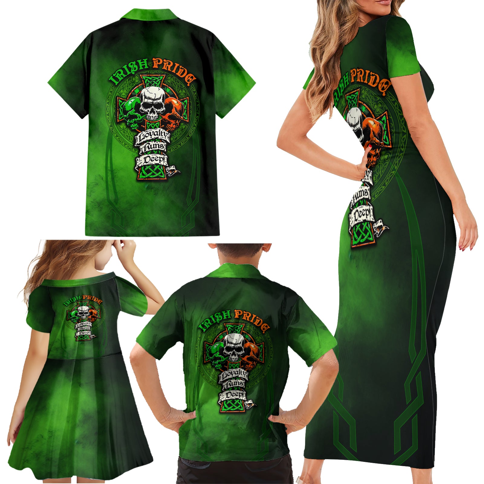 Irish Pride - Skull Cross Mix Family Matching Short Sleeve Bodycon Dress and Hawaiian Shirt - Wonder Print Shop