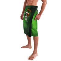 Green lavalava-style skirt with front logo patch and center slit, side view