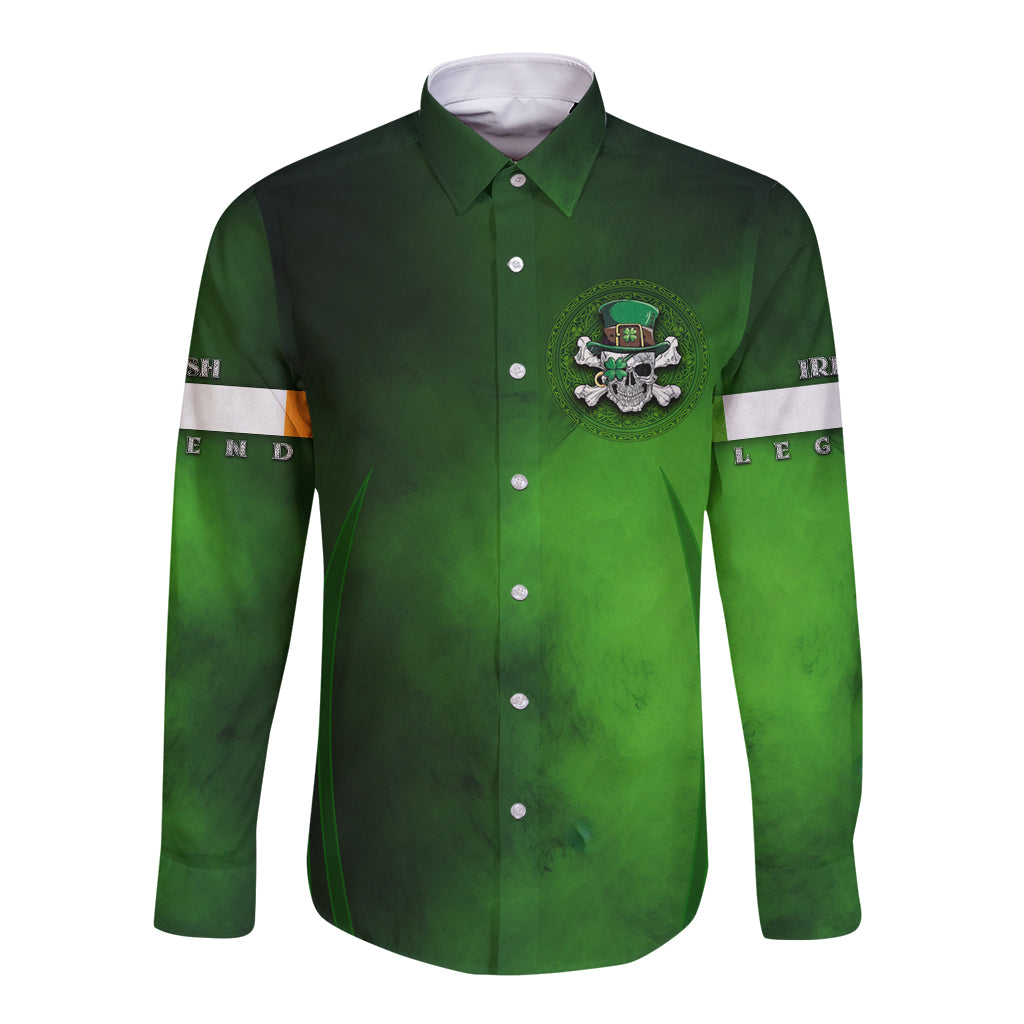Green long sleeve button shirt, front skull badge graphic and printed sleeve accents