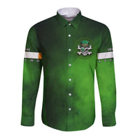 Green long sleeve button shirt, front skull badge graphic and printed sleeve accents