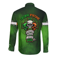 Green long sleeve button shirt, back skull and cross graphic with bold Irish Pride text