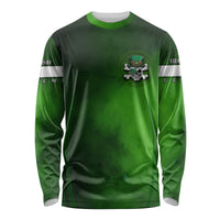 Green long-sleeve T-shirt with small chest skull-and-leprechaun logo