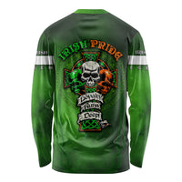 Green long-sleeve T-shirt with skull and Irish Pride cross graphic on back