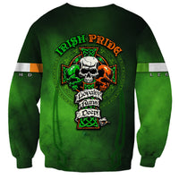 Green crewneck sweatshirt with skull and cross emblem graphic on the front