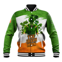 Green varsity baseball jacket with striped collar; front snap-button placket and chest graphic