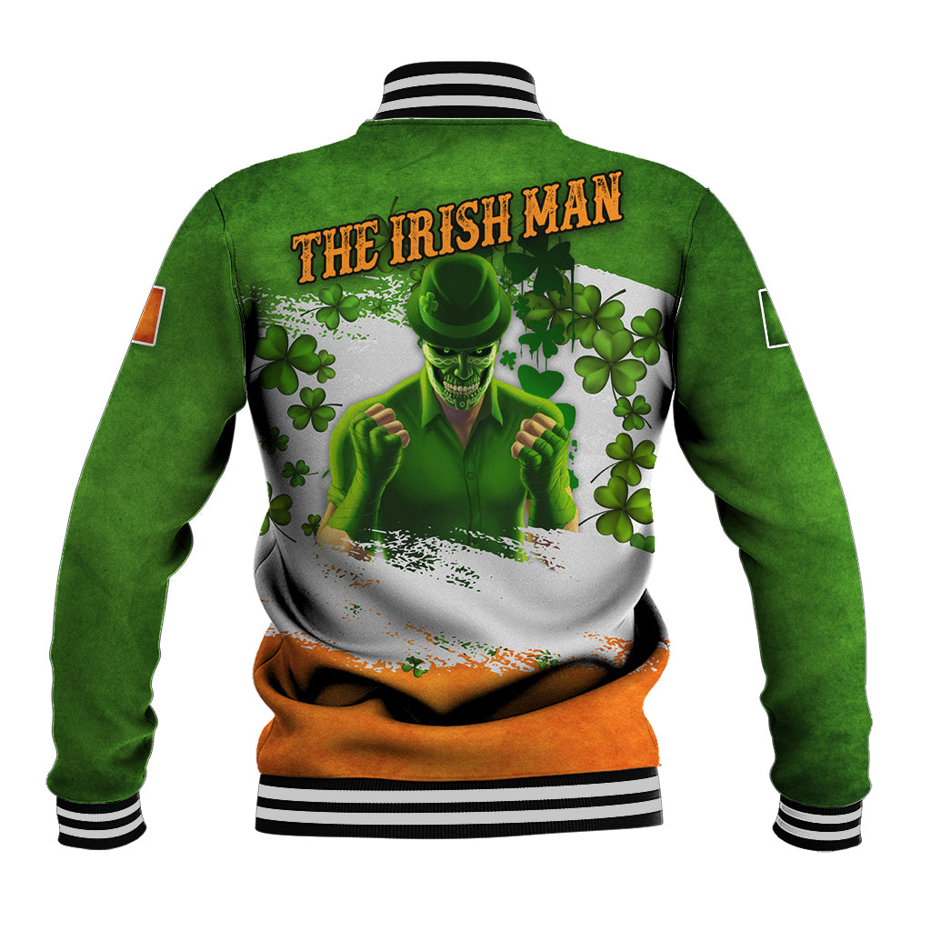 Green varsity baseball jacket with striped collar; back graphic design and ribbed hem