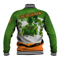 Green varsity baseball jacket with striped collar; back graphic design and ribbed hem