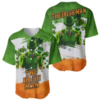 Two green baseball jerseys shown together: shamrock print with “THE IRISH MAN” front/back