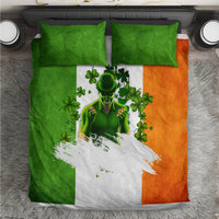 Green, orange & white bedding set with leprechaun graphic and clover pattern
