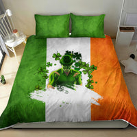 Bedding set with green, orange, and white leprechaun print plus shamrock details