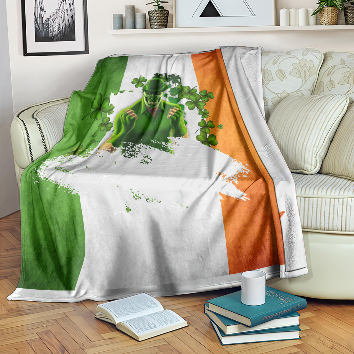 Leprechaun-themed blanket with green, white, and orange panels and clover graphic