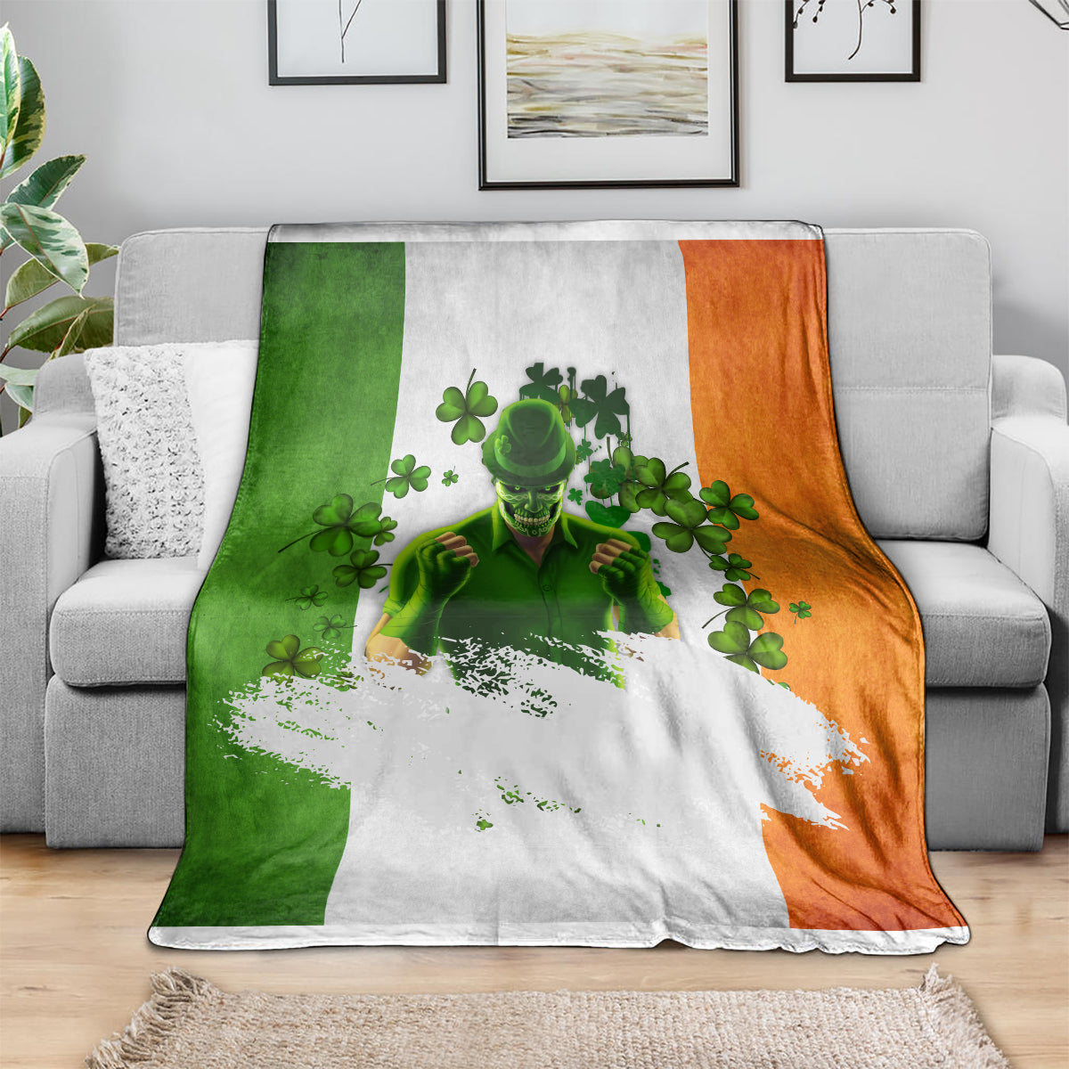 Leprechaun graphic blanket in green, white, and orange draped over a sofa