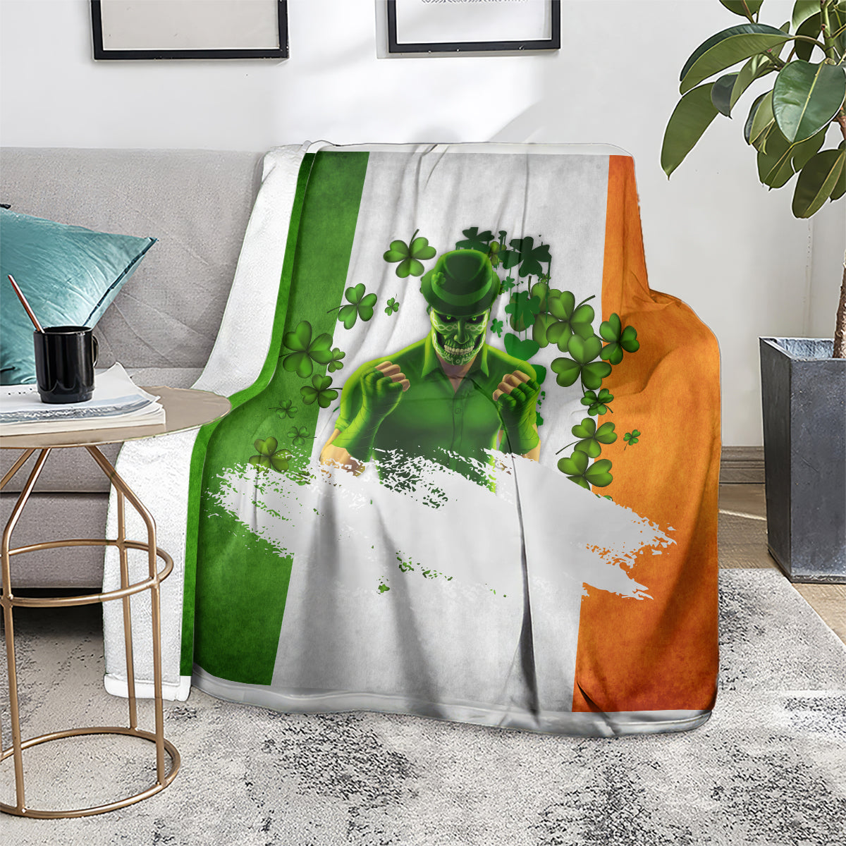 Leprechaun-themed throw blanket with green, white, and orange panels, clovers and pot