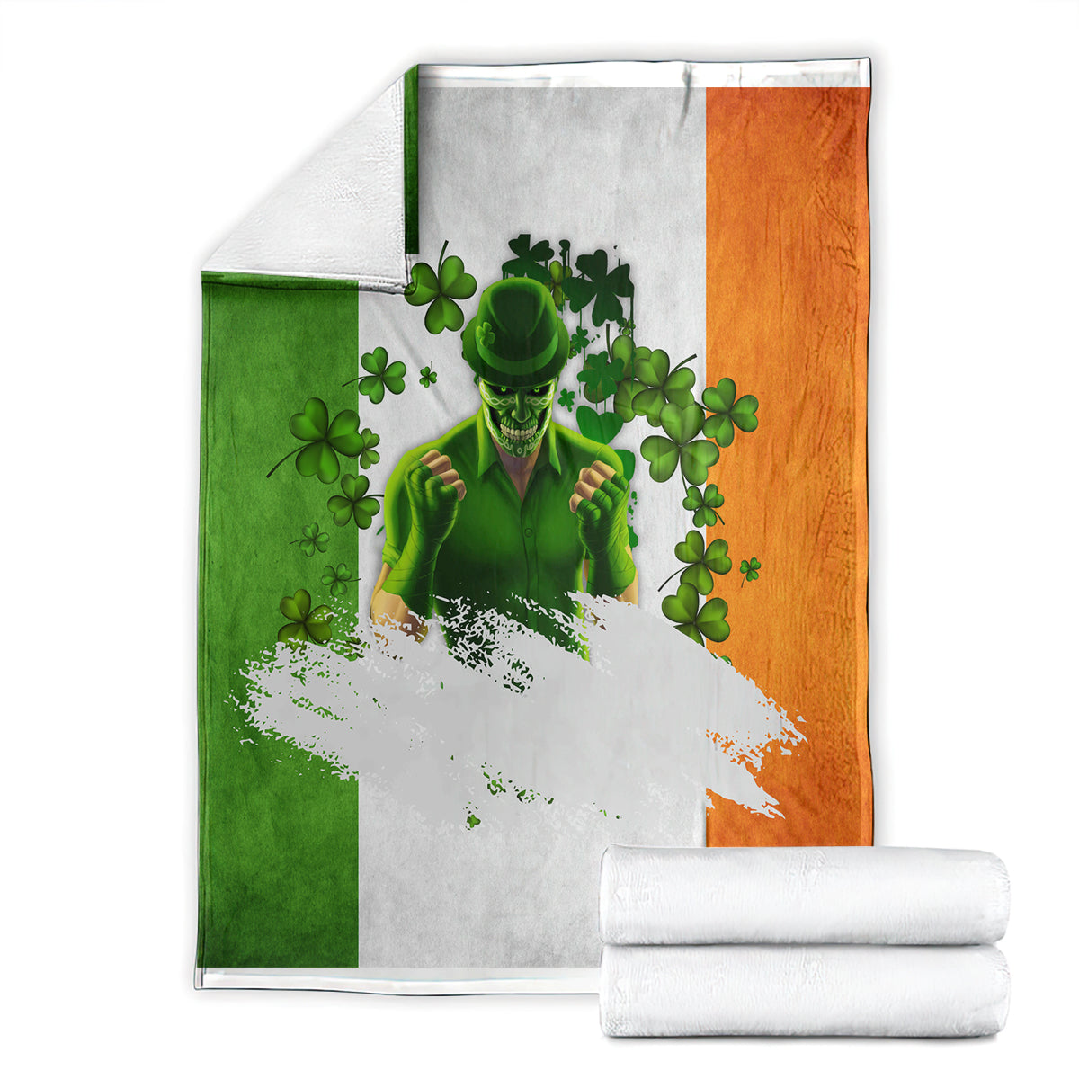 Folded blanket with green, white, and orange panels, leprechaun face and shamrocks