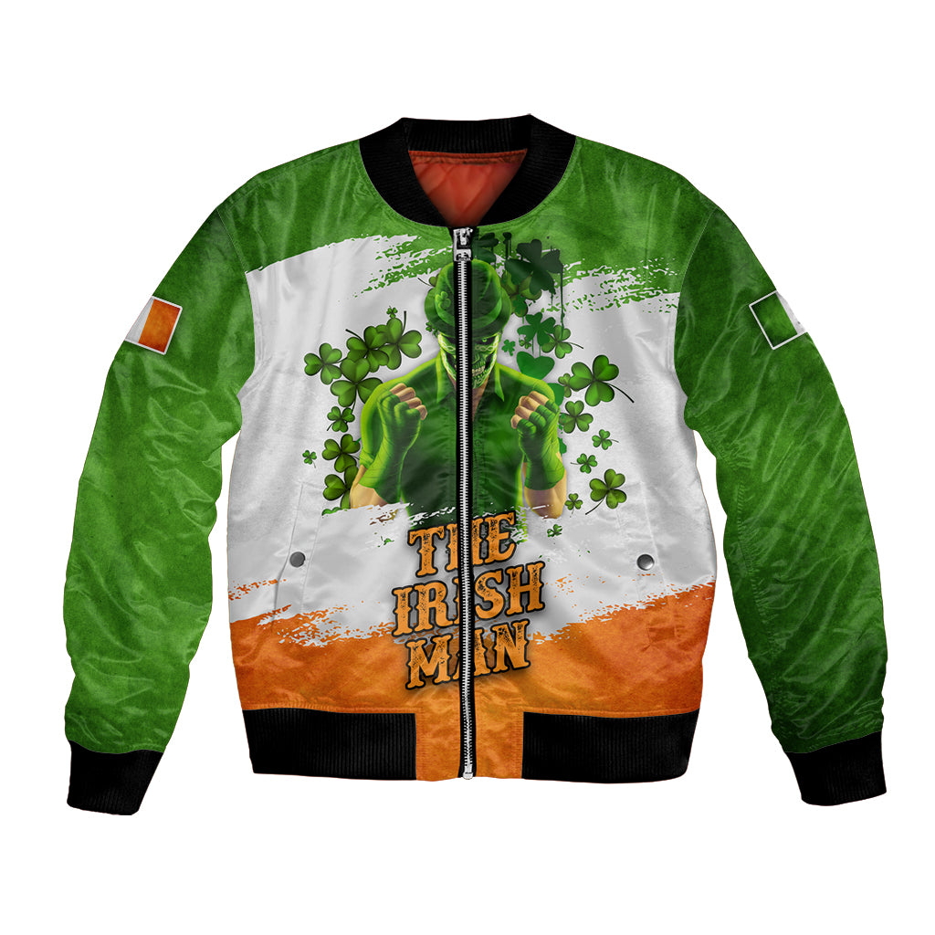 Unisex bomber jacket with full-zip front, ribbed cuffs, green sleeves, tricolor graphic logo