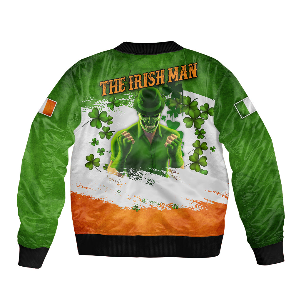Unisex bomber jacket with ribbed collar, green sleeves, black trims, and back graphic print